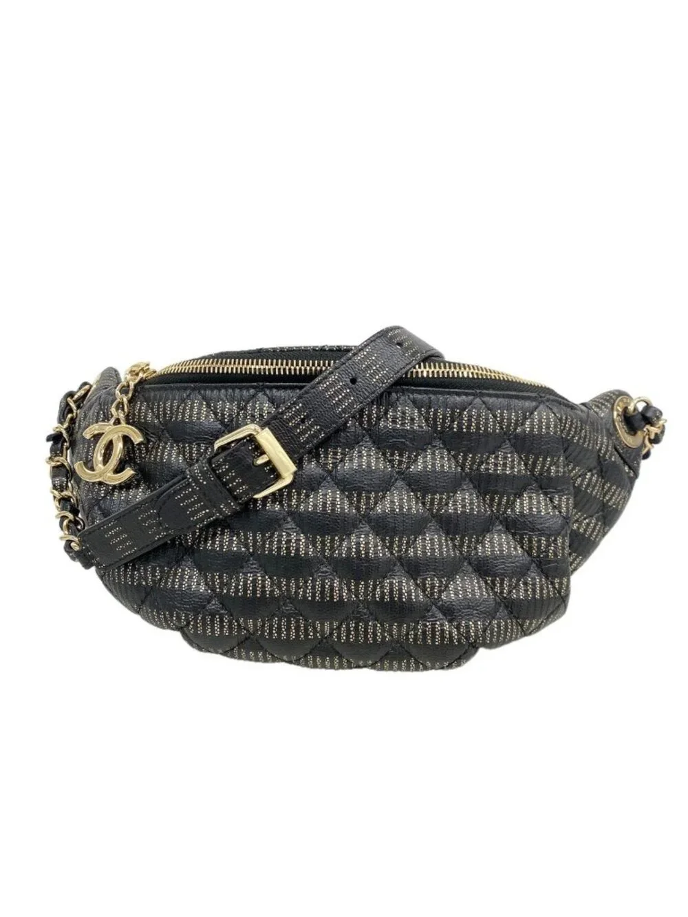 Chanel Waist Bag Quilted Leather Black Champagne Gold
